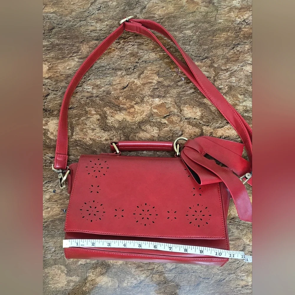 Walsa Red Bow Crossbody Satchel Bag Floral Cutout Top Handle Purse